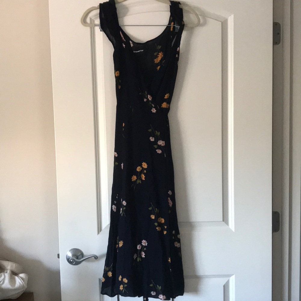 Reformation Navy Floral Midi Dress with Yellow & Pink Blooms